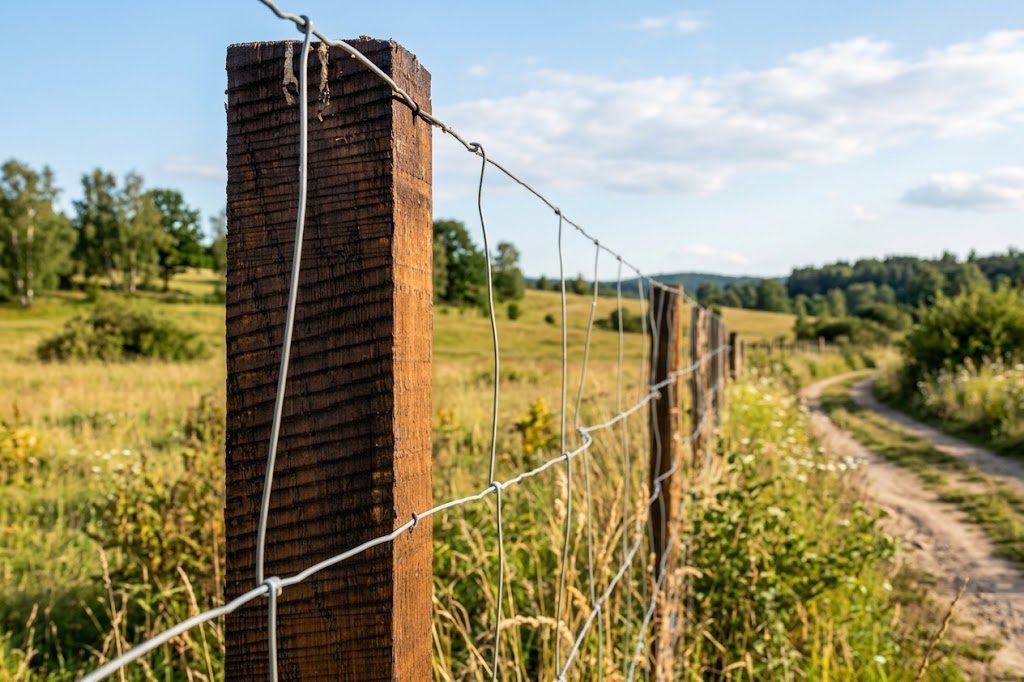 Vadháló kerítés fa oszlopokkal, mezőn végigfutó földút mellett